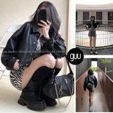 Áo khoác da nữ GUU dáng ngắn croptop basic siêu ngầu màu đen phong cách ulzzang hàn quốc