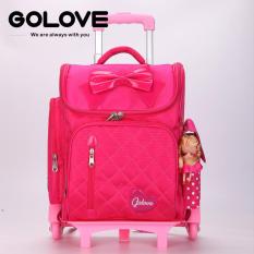 BALO KÉO 6 bánh cho học sinh Golove kèm bú bê xinh xắn có chức năng chống gù Tặng áo trùm cặp tiện dụng(HỒNG ĐẬM)