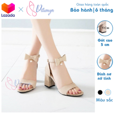 Giày cao gót gót vuông 5cm dây đính nơ nữ tính thời trang