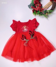 Váy đầm bé gái màu đỏ diện noel Tết chất nhung mềm tặng kèm cài đầu bờm tuần lộc cho bé từ 5kg đến 18kg