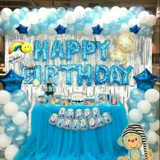 Combo trang trí sinh nhật 2 Rèm Kim Tuyến, Bóng Chữ Happy Birthday và 50 bóng tròn+ bóng sao+ bóng em bé (Tặng bơm + Keo dán)