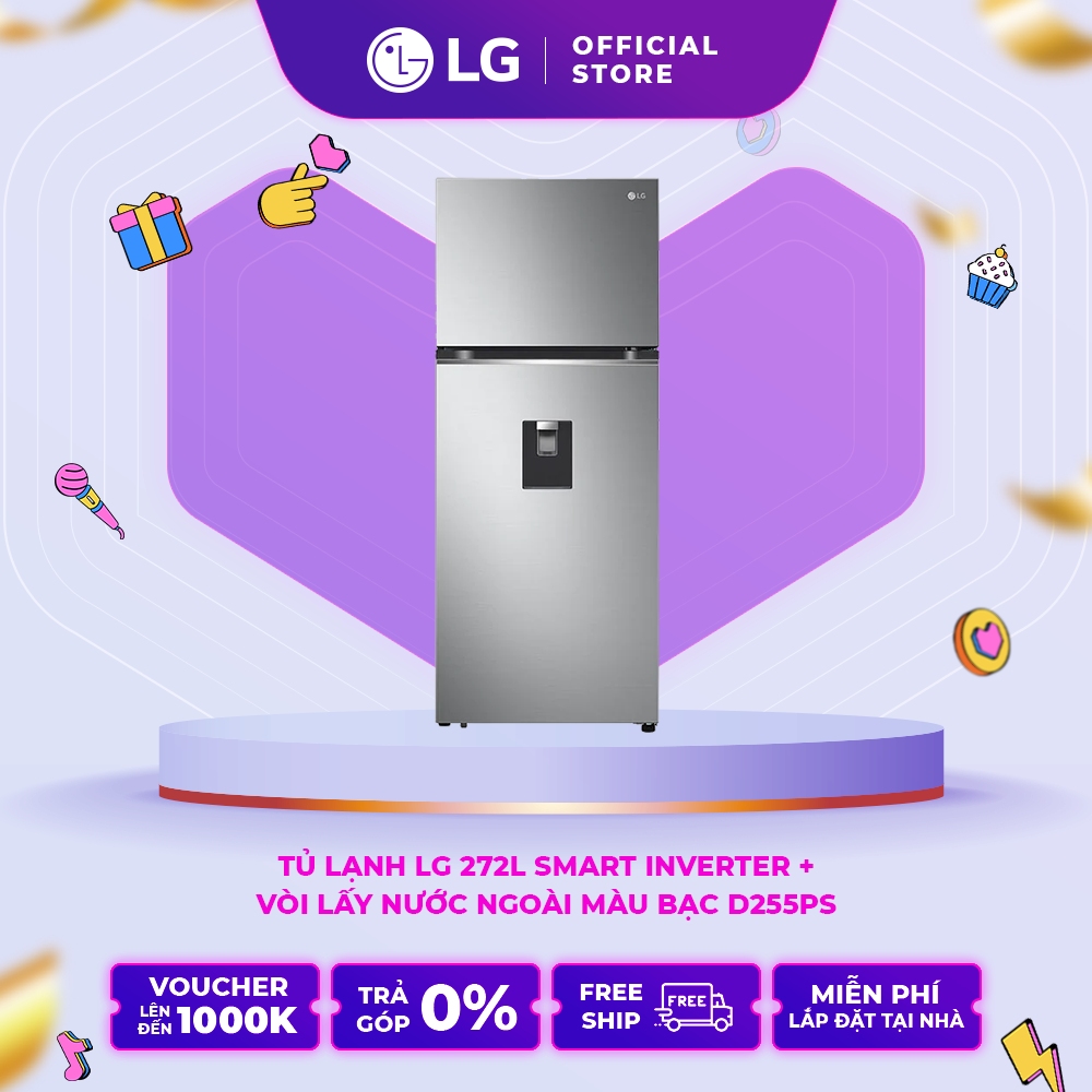 [Voucher Upto 1 triệu][Trả góp]Tủ lạnh LG Smart Inverter ngăn đá trên với DoorCooling+™ GN-D255PS 272L (Bạc) 55,5 × 166,5 × 62(cm) – Hãng phân phối chính thức