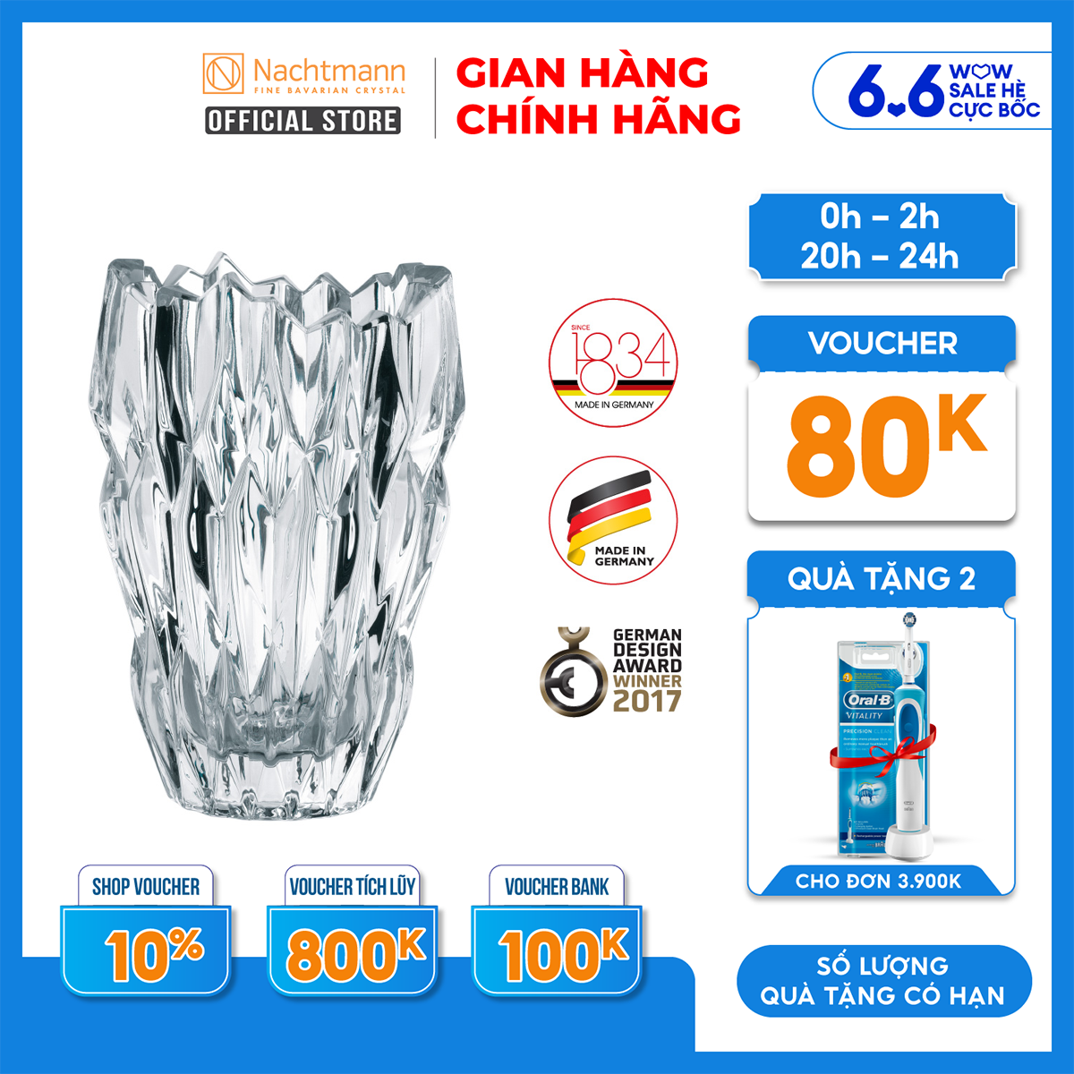 Bình hoa pha lê Nachtmann Quartz 16cm-Hàng chính hãng