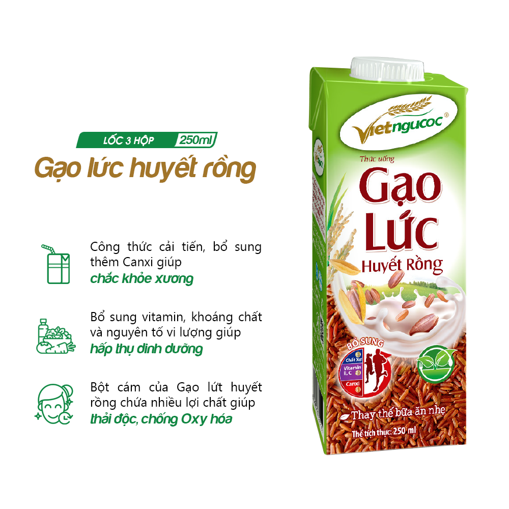Thức uống Gạo lức huyết rồng Việt Ngũ Cốc lốc 3 hộp 250ml