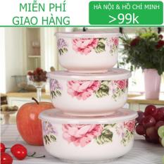 Bộ 3 bát sứ có nắp chân không bảo quản thực phẩm Camellia KamiHome vận chuyển