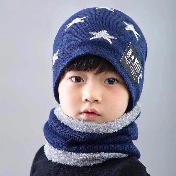 Set Mũ Len Lót Lông Kém Khăn Quàng Cổ Họa Tiết Sao Siêu Mềm Siêu Ấm Cho Bé Trai 3-9...