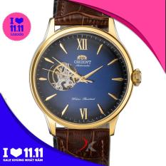 Đồng Hồ Cơ Nam Orient Mặt Xanh Da Trời Viền Vàng Dây Da Nâu Máy Cơ Tự Động Lộ Tim Open-Heart Máy Nhật Automatic Bảo Hành 12 Tháng