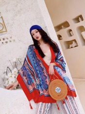 Khăn Choàng Quàng Cổ Boho Họa Tiết Thổ Cẩm Viền Đỏ – Chất Liệu Cotton – 90x190cm – Mã KC306