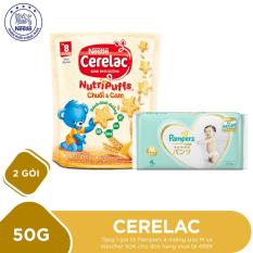 Mua 2 Gói bánh ăn dặm dinh dưỡng Nestlé CERELAC Nutripuffs vị Chuối Cam – 50g Tặng 1 gói tã Pampers 4 miếng size M và Voucher 50K cho đơn hàng mua tã 499K
