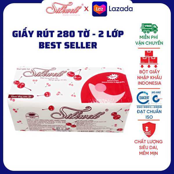 Giấy ăn giấy rút lụa Silkwell Cherry đỏ 280 tờ siêu dai và mềm mại
