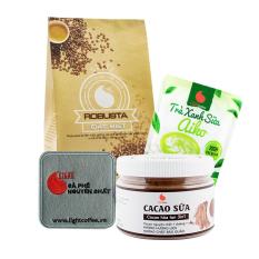 Combo Lôi cuốn, cà phê Đặc biệt 500g, cacao sữa hũ 230g, matcha sữa Aiko 50g, Lót ly – Light Coffee