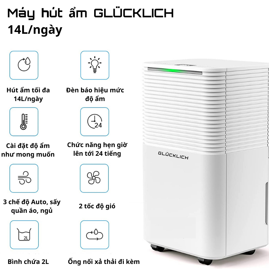 (Chính hãng) Máy hút ẩm Glucklich 14L/ngày GLD12-OL- Thương hiệu GLÜCKLICH của Đức- Hút ẩm và lọc không khí -...