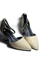 Sandal Augustino Kim Sa Bít Mũi Hở Eo Đế Vuông 6 Phân (Kem)