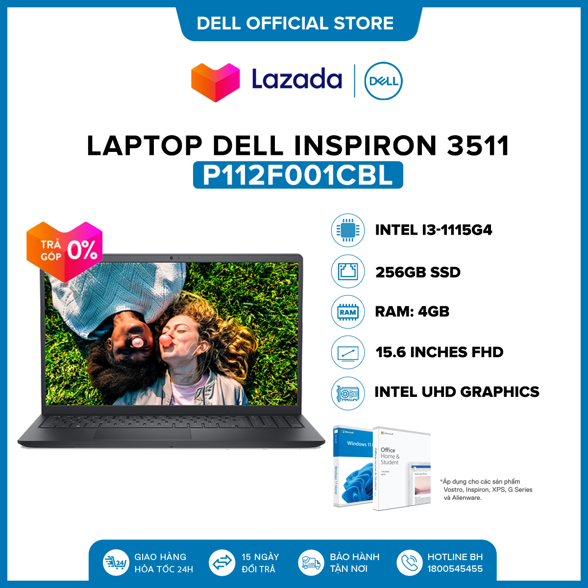[VOUCHER 500K] Laptop Dell Inspiron 3511 15.6 inches FHD (Intel / i3-1115G4 / 4GB / 256GB SSD / Office Home & Student 2021 / Windows 11) l Carbon Black l P112F001CBL