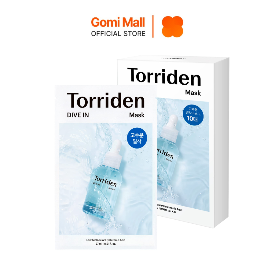 Mặt nạ giấy Torriden DIVE IN Low Molecular Hyaluronic Acid Mask Pack (27ml*10EA) cấu tạo 100% sợi bông Gomi Mall