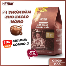 Bột cacao nguyên chất không đường Heyday – Origin 18% bơ cacao tự nhiên – Túi 250g – Chứng nhận UTZ – Hỗ trợ giảm cân – Keto – Vị socola nguyên bản – Không hương liệu, phụ gia