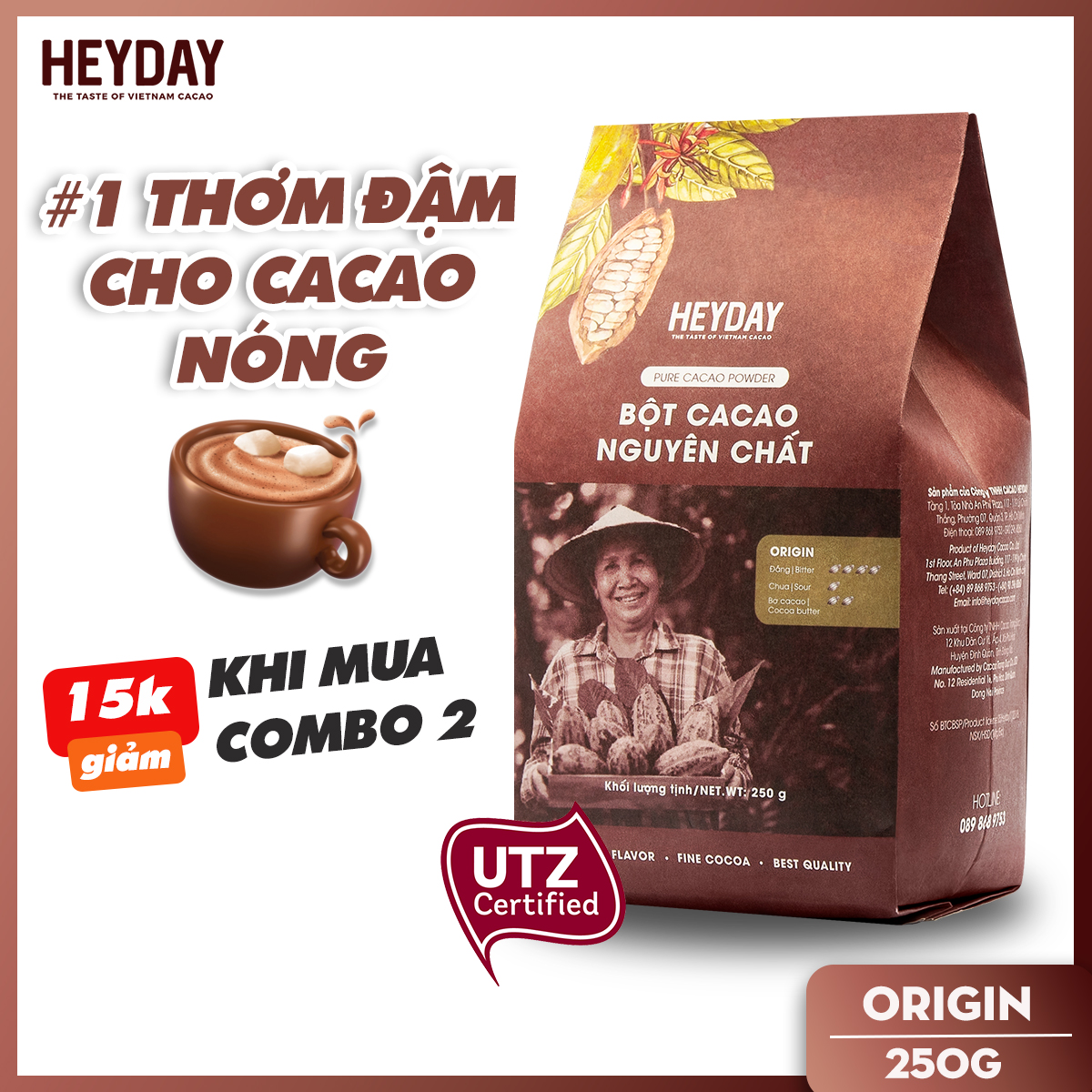 Bột cacao nguyên chất không đường Heyday - Origin 18% bơ cacao tự nhiên - Túi 250g - Chứng nhận...