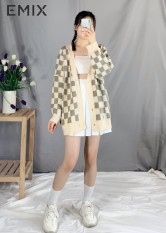 Áo khoác len nữ kẻ caro EMIX (2 Màu), ulzzang, dáng dài, form rộng, thụng, 4 cúc, vải len mềm mịn, không bai xù