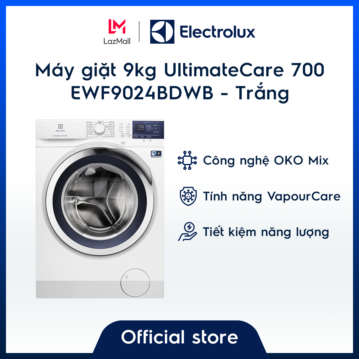 [Miễn phí công lắp đặt chính hãng] Máy giặt 9kg Electrolux UltimateCare 700 EWF9024BDWB – Màu Trắng – OKO Mix – Công nghệ Auto Sense – Tiết kiệm năng lượng – Hàng chính hãng