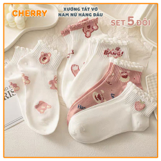Tất cổ ngắn nữ họa tiết gấu hồng dễ thương, set 5 đôi chất liệu cotton co giãn – Cherry Shop