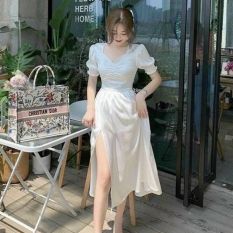 [ HCM ] Váy tay ngắn cổ kiểu rút ,chân váy maxi sẻ tà cho nàng dự tiệc siêu xinh Phù Hợp Đi Tới Sự Kiện, Tiệc ,Đi Chơi Phố