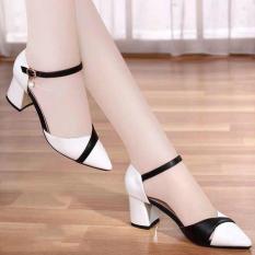 Giày Sandal Nữ Cao Gót 7 Phân Họa Tiết Đan Đen Trắng Đan Chéo