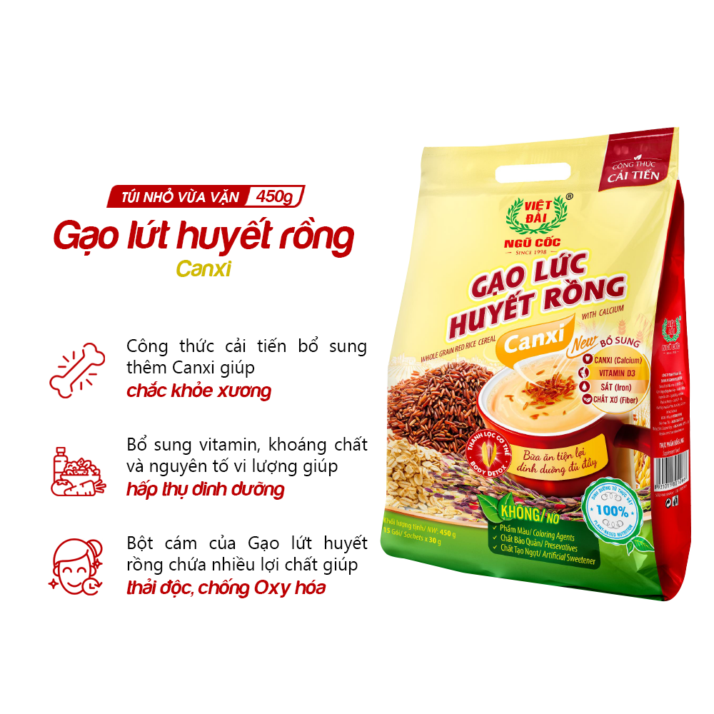 Bột ngũ cốc Gạo lức huyết rồng Canxi Việt Đài túi 450g