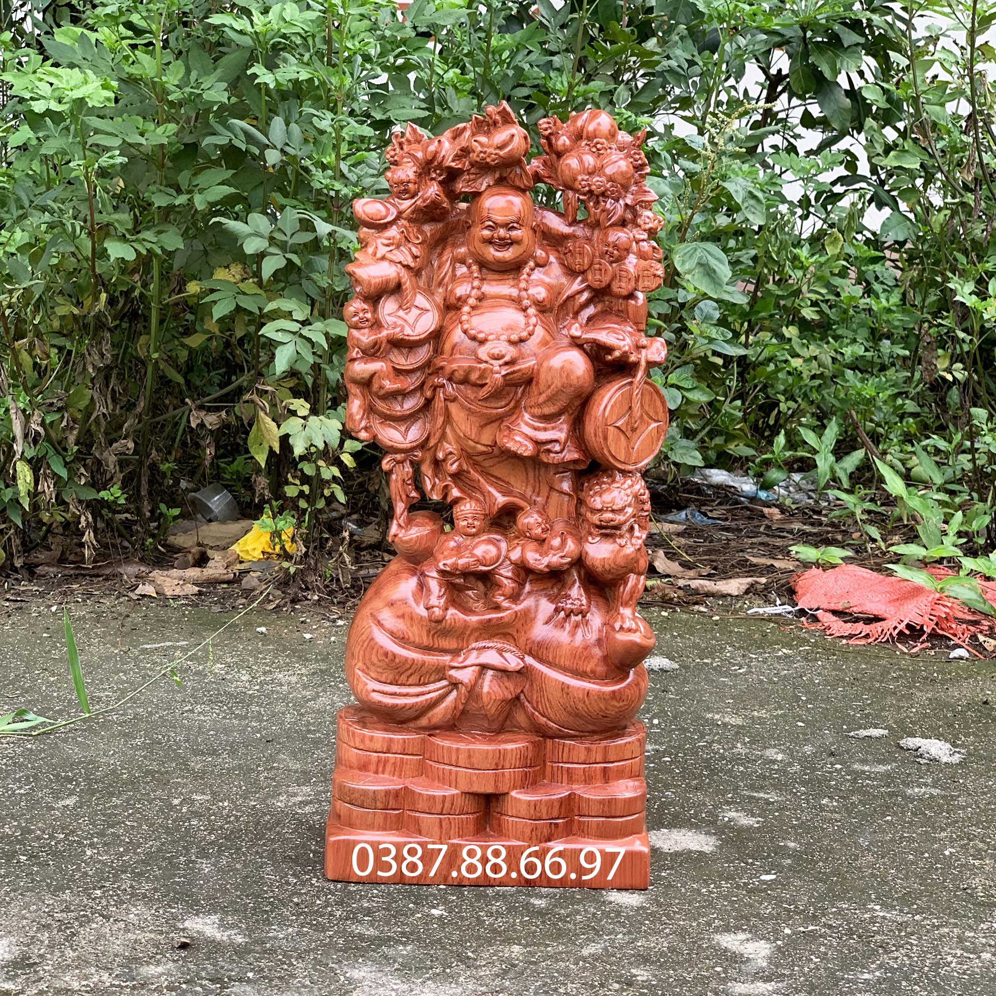 Tượng phật di lặc ngũ phúc gánh đào có nghê cao 50cm-->70cm gỗ hương cực đẹp