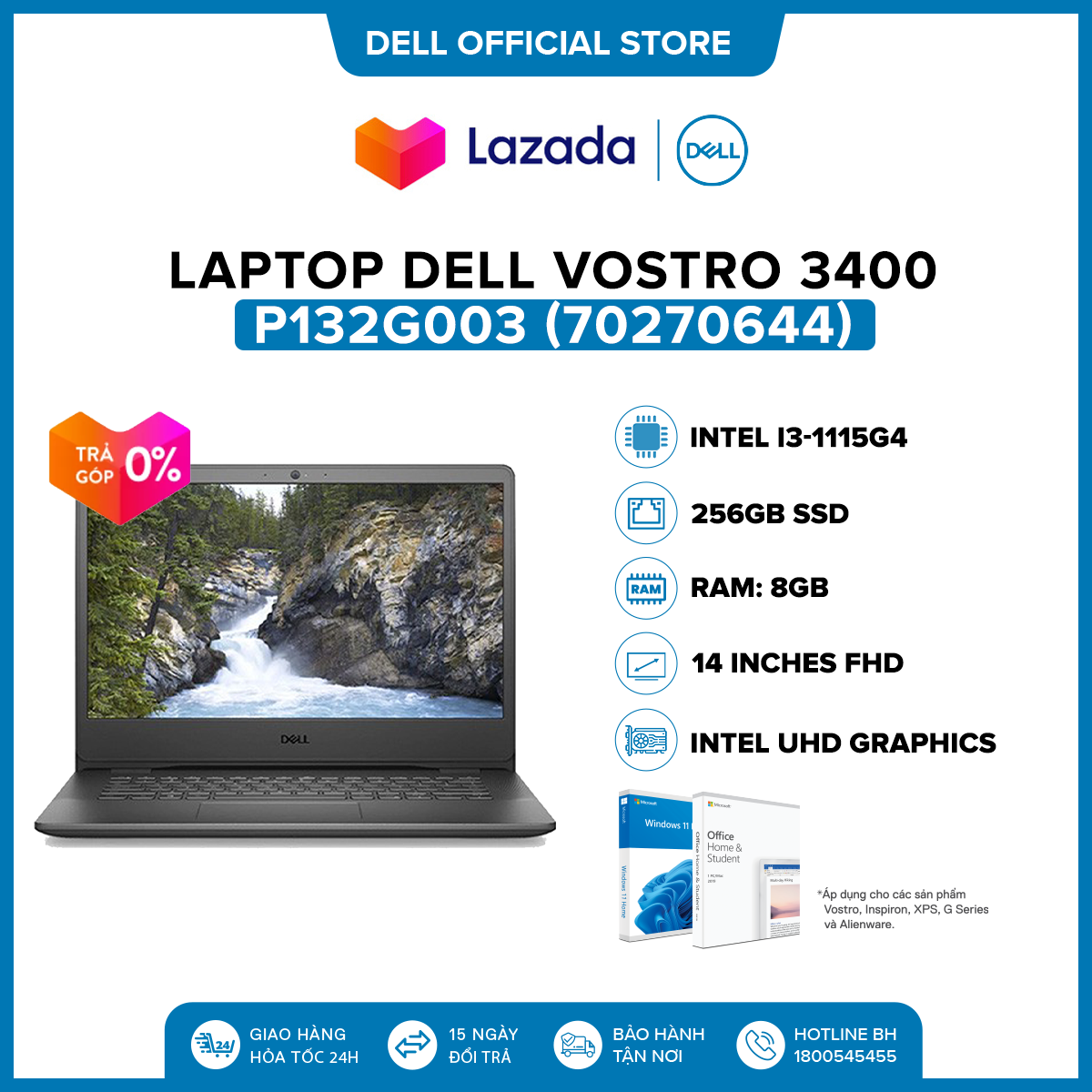 Laptop Dell Vostro 3400 14 inches FHD (Intel / i3-1115G4 / 8GB / 256GB SSD / McAfeeMDS / Office Home & Student 2021 / Windows 11) l Black l P132G003 (70270644)