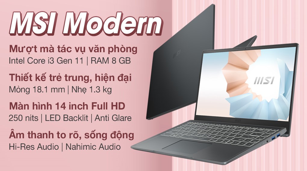 Laptop MSI Modern 14 B11MOU-1027VN | i3 1115G4 | 8GB RAM | 256GBSSD | 14.0 inch FHD | Win11 |...