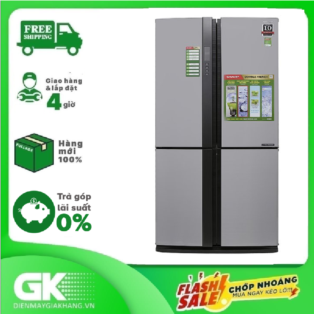 TRẢ GÓP 0% – Tủ lạnh Sharp SJ-FX631V-SL 626L 4 cửa công nghệ J-Tech Inverter khử mùi Nano Bạc – Đồng khay kính chịu lực