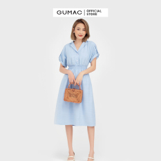 Đầm nữ eo chun cổ lật GUMAC mẫu mới DB572 Chất Liệu Vải LAINEN form A xòe style thanh lịch