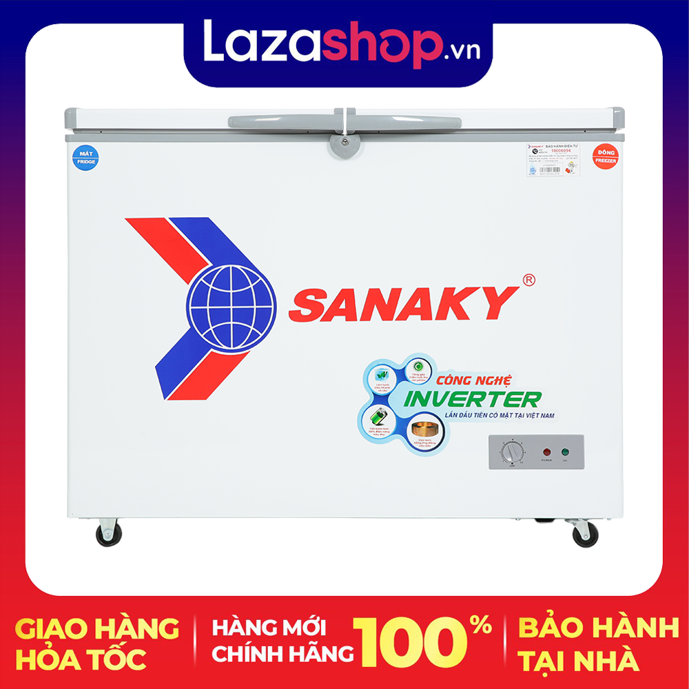 [Giao Hà Nội] Tủ đông Sanaky Inverter 220 lít VH-2899W3 – VH2899W3 – Làm lạnh trực tiếp – 1 ngăn đông, 1 ngăn mát – Khoá cửa tủ – Giỏ đựng đồ – Lỗ thoát nước – Bánh xe – Loại Gas R600a