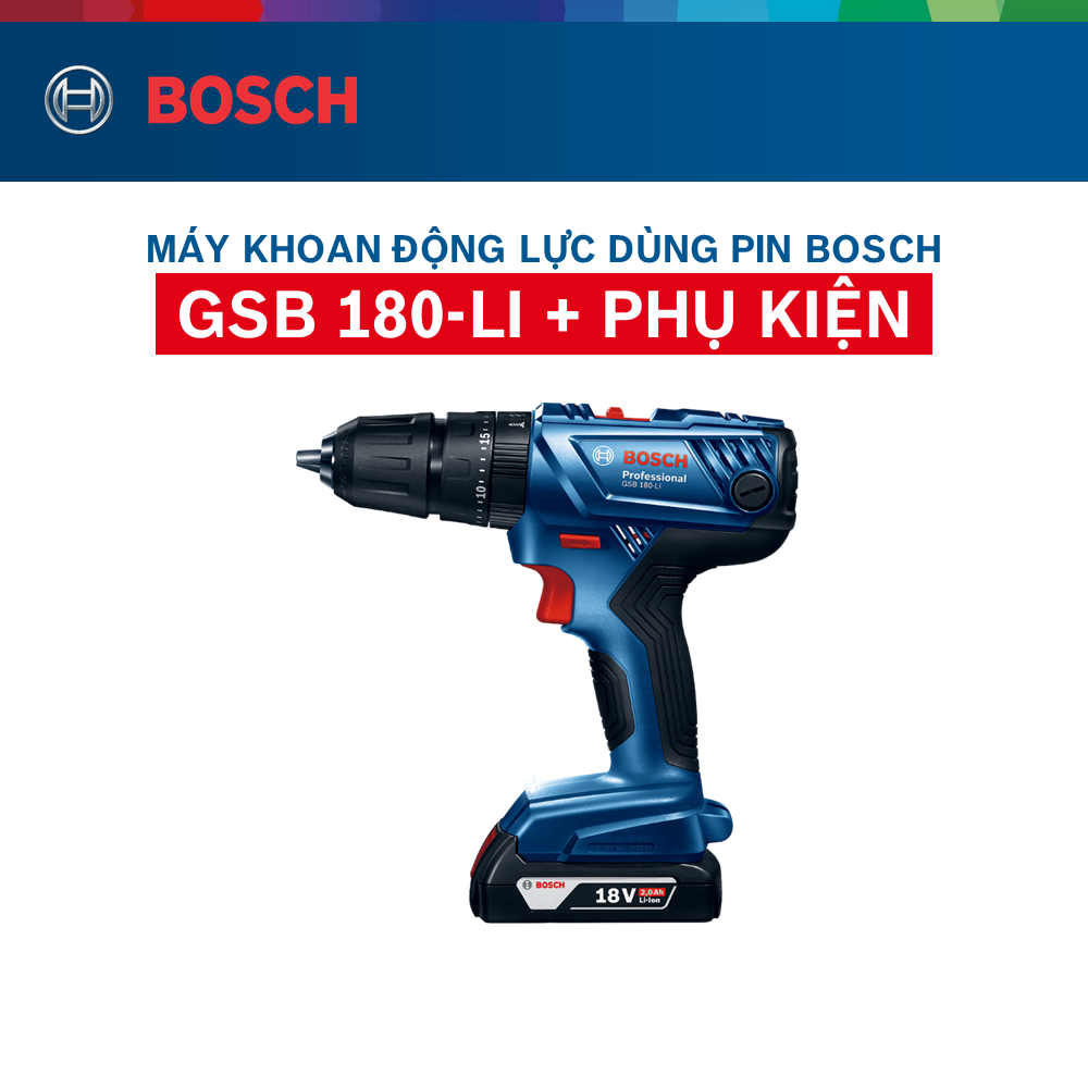 [Trả góp 0%] Máy khoan vặn vít động lực dùng pin cầm tay Bosch GSB 180-LI + phụ kiện MỚI