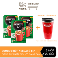 [Tặng ly 2 lớp tiện lợi] Combo 3 hộp cà phê hòa tan Nescafé 3in1 công thức cải tiến – vị rang đậm (Hộp 20 gói)