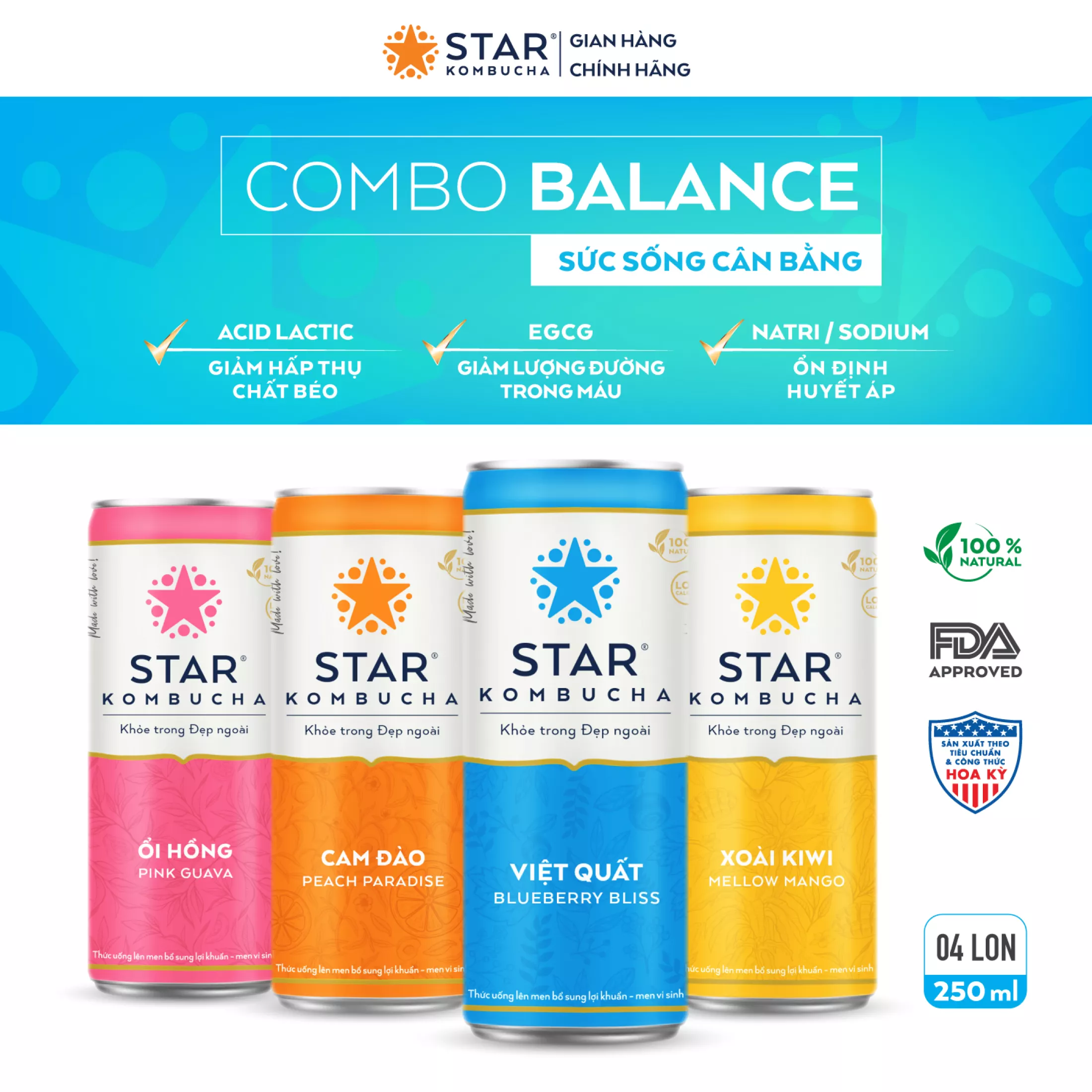Combo 4 lon mix vị thức uống lên men STAR KOMBUCHA – Balance Pack (250ml/lon)