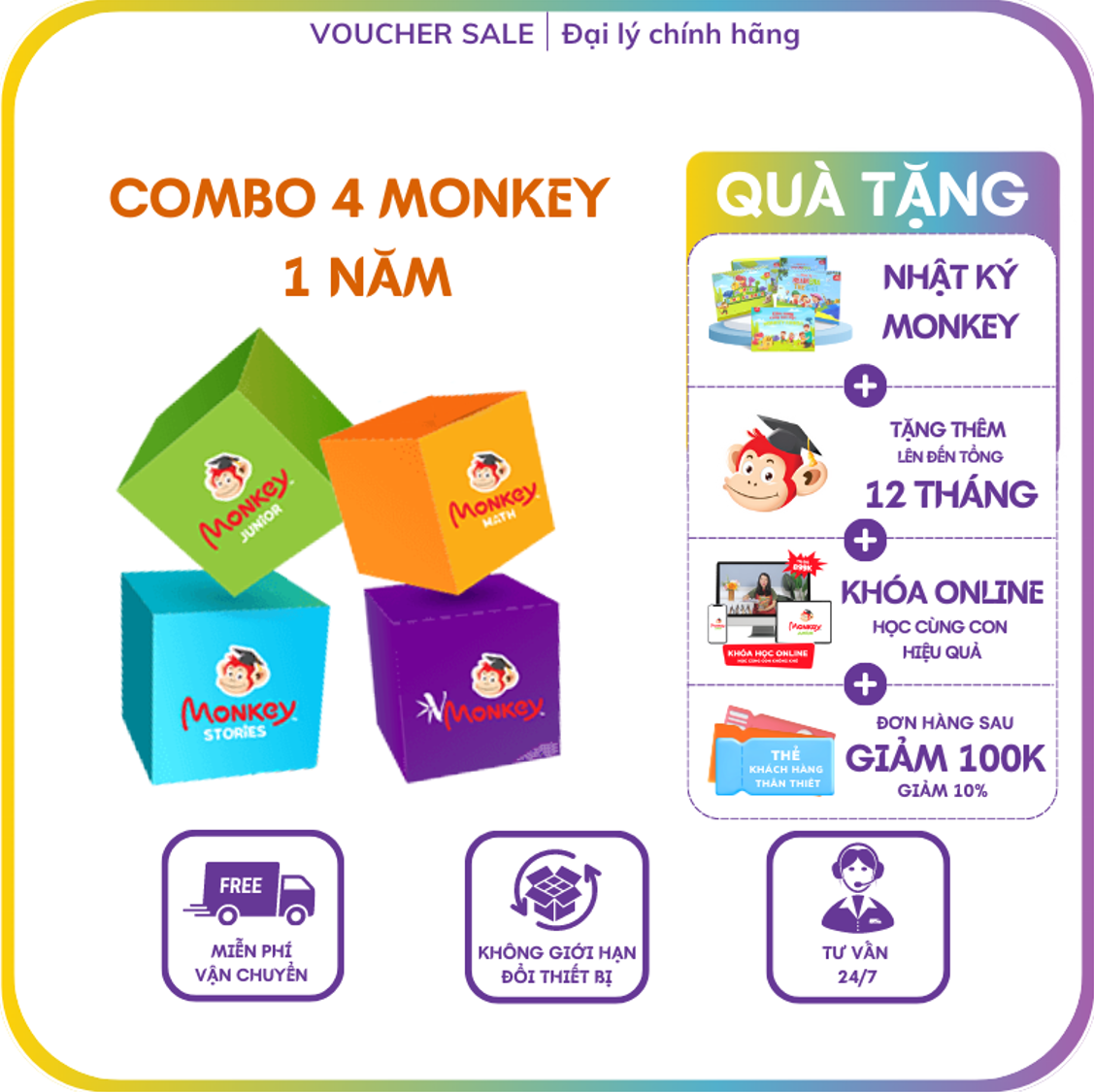 Combo 4 phần mềm Monkey – 1 NĂM – (Monkey Junior, Monkey Stories, Monkey Math, Vmonkey) cho trẻ em từ 0 đến 14 tuổi