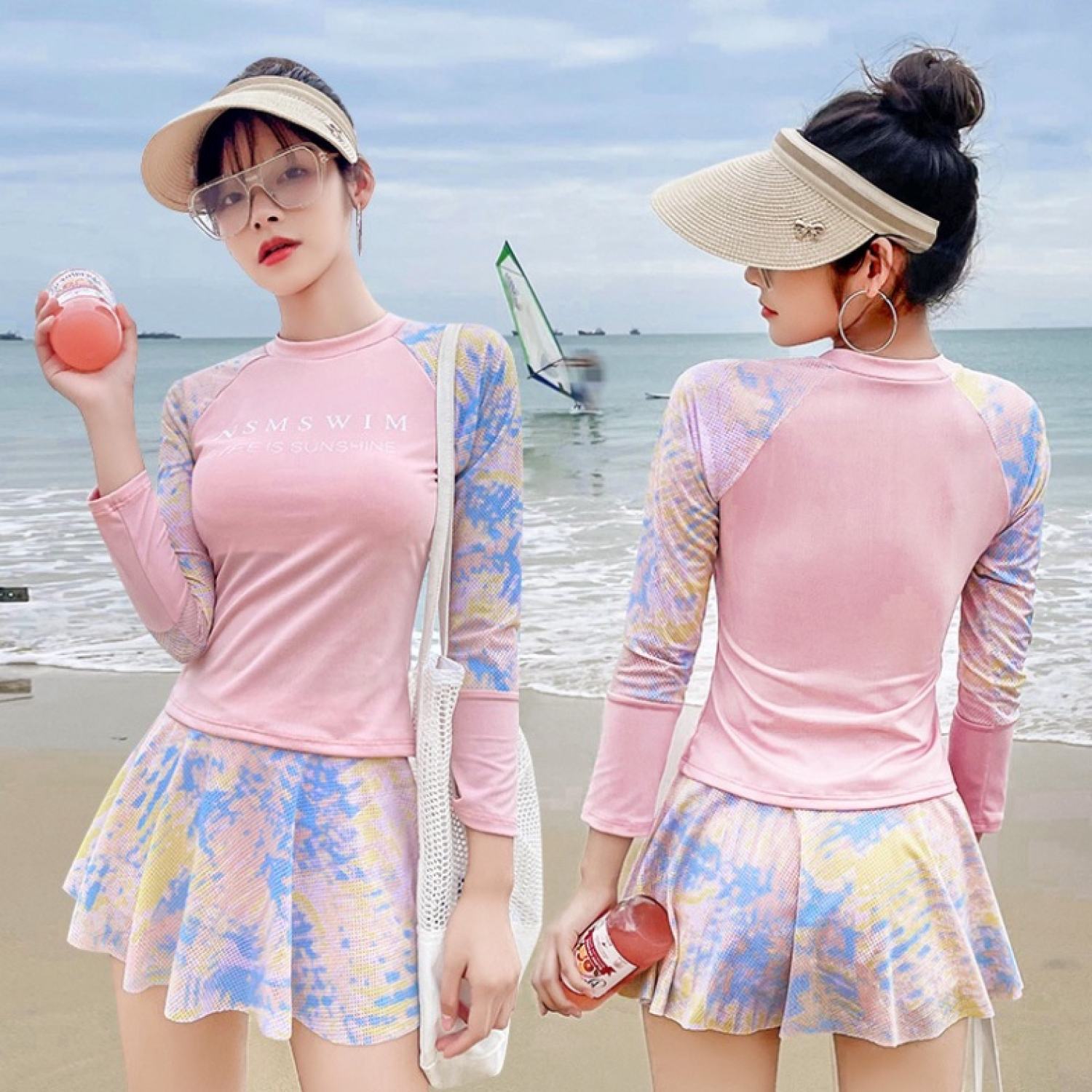 Bikini Dài Tay Đồ Bơi Nữ váy Hàn Quốc 2022 Hoa Xanh Hai Mảnh Cạp Cao Quảng Châu TDHX 8228 K2T2-2