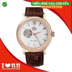 Đồng Hồ Cơ Nam Orient Mặt Trắng Viền Vàng Hồng Dây Da Nâu Máy Cơ Tự Động Lộ Tim Open-Heart Máy Nhật Automatic Bảo Hành 12 Tháng
