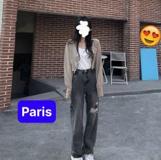 Quần jean ống suông rộng màu xanh đen rách cơ bản cạp lưng cao nâng mông phong cách sang chảnh – Paris Fashion