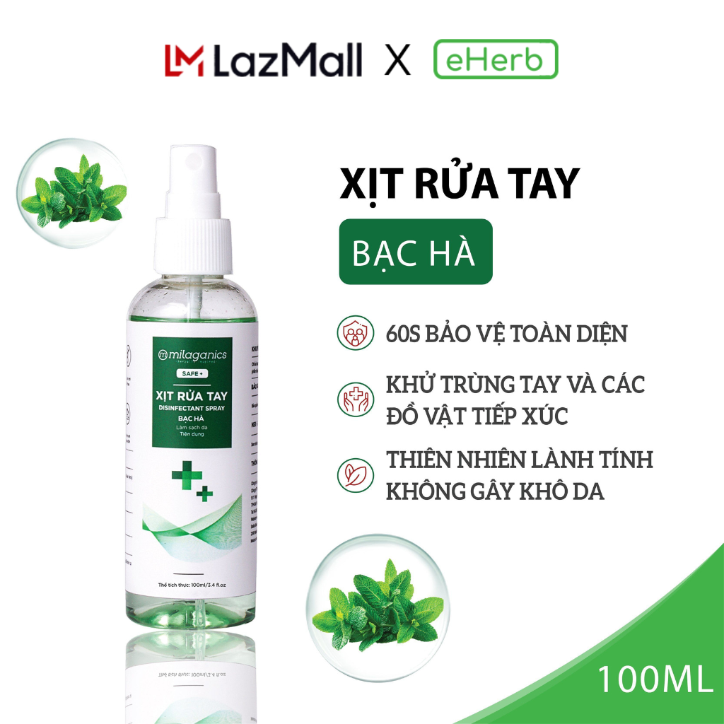 Nước Rửa Tay Khô Xịt Khuẩn Tuyệt Đối Hương Bạc Hà MILAGANICS, Xịt Rửa Tay Sát Khuẩn An Toàn Cấp Ẩm Không Khô Da 250ml (Chai) – eHerb