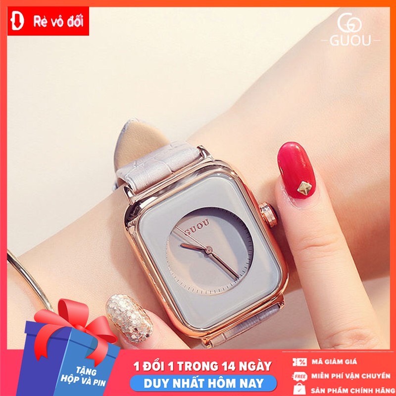 ĐỒNG HỒ GUOU 1682 SIÊU ĐẸP , MẶT VUÔNG, DÂY DA ,VIỀN MÀU VÀNG