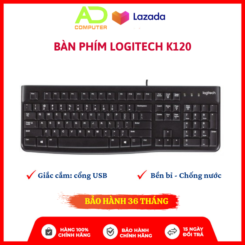 Bàn phím có dây Logitech K120 siêu bền giắc cắm USB (Đen) - BH Chính hãng 36 Tháng