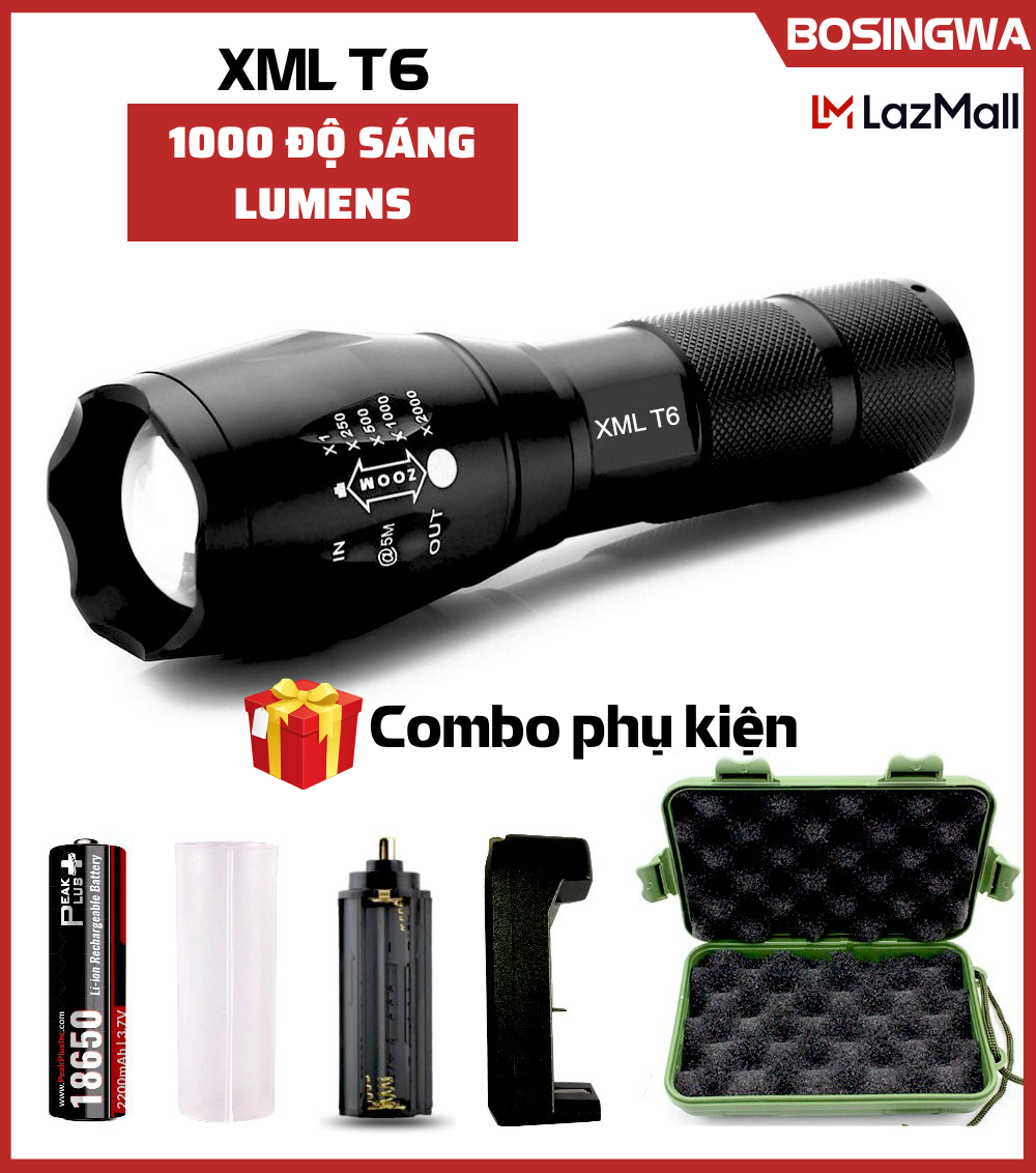 Đèn Pin XML T6 Chính Hãng, Chiếu Xa 300-500m, Được Làm Bằng Hợp Kim Chắc Chắn,Chống Nước,Chống Va Đập Mạnh, Được Trang Bị Pin Lithium Cực Trâu,Sạc 1 Lần Dùng Cả Tuần – Bảo hành 12 tháng