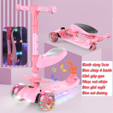 {Tay lái và ghế nâng hạ độ cao} Xe scooter 3 bánh tự cân bằng, 3in1 có ghế gấp gọn, có nhạc và đèn chiếu sáng (hồng) Cao cấp