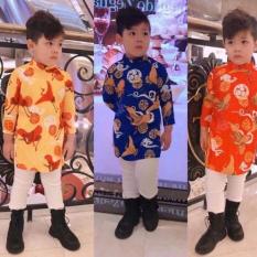 Áo dài cách tân cho bé trai gấm mềm đẹp hình cò hạc( màu xanh, vàng, đỏ)