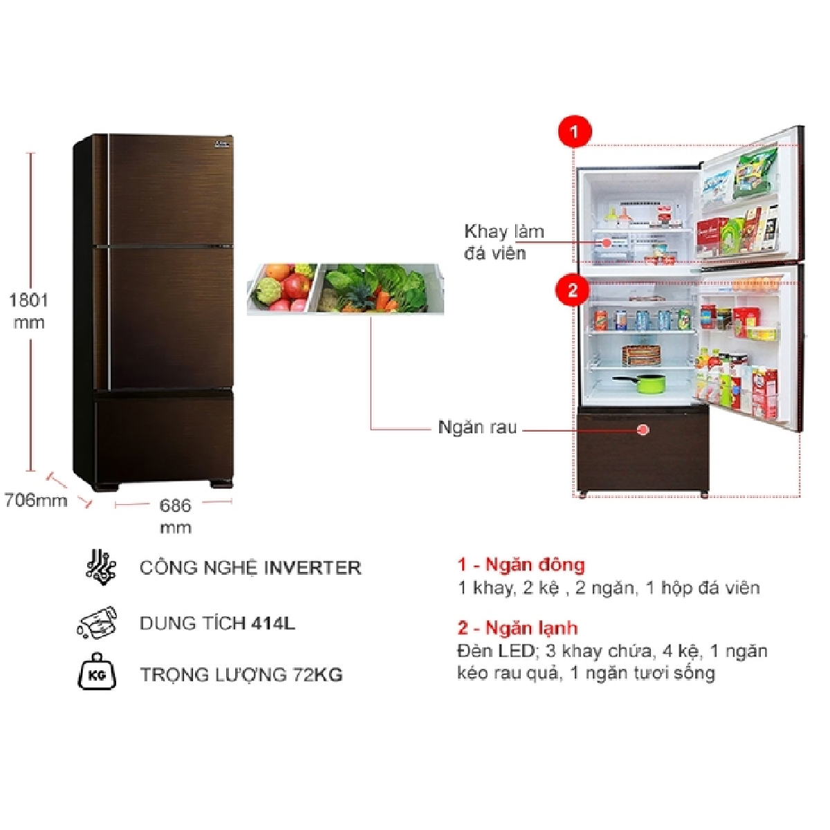 [GIAO HÀNG XUYÊN TẾT]Tủ lạnh Mitsubishi Electric MR-V50ER-BRW-V 414 lít Mới 2021