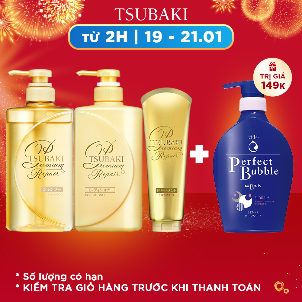 [ TẶNG SỮA TẮM 500ML ] Bộ ba dầu gội – dầu xả – kem xả phục hồi ngăn rụng tóc Tsubaki Premium Repair