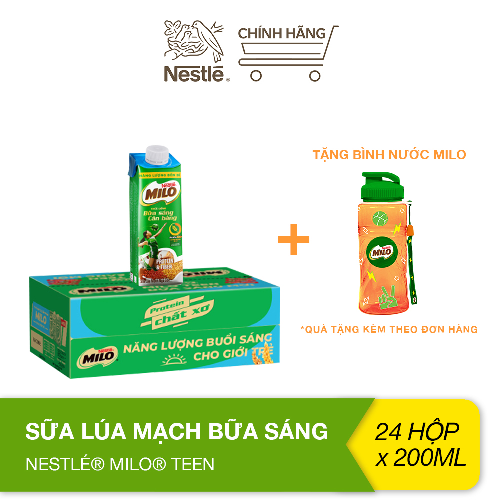 [Tặng 1 bình nước Milo] Thùng sữa lúa mạch Nestlé® Milo® Teen bữa sáng (24 hộp x 200ml)
