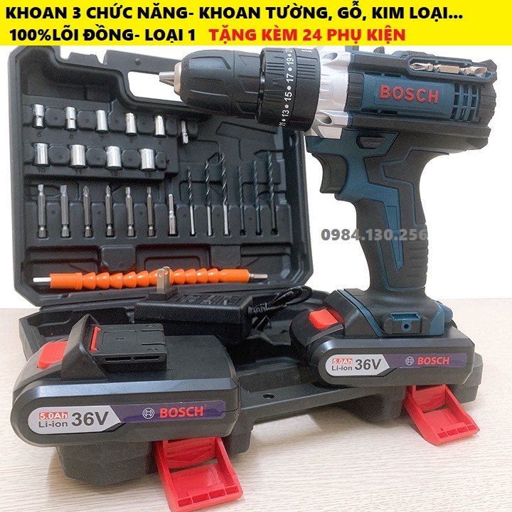 Máy khoan pin BOSCH 36V Lõi đồng có búa - Máy khoan bê tông, gỗ , kim loại, bắt vít...